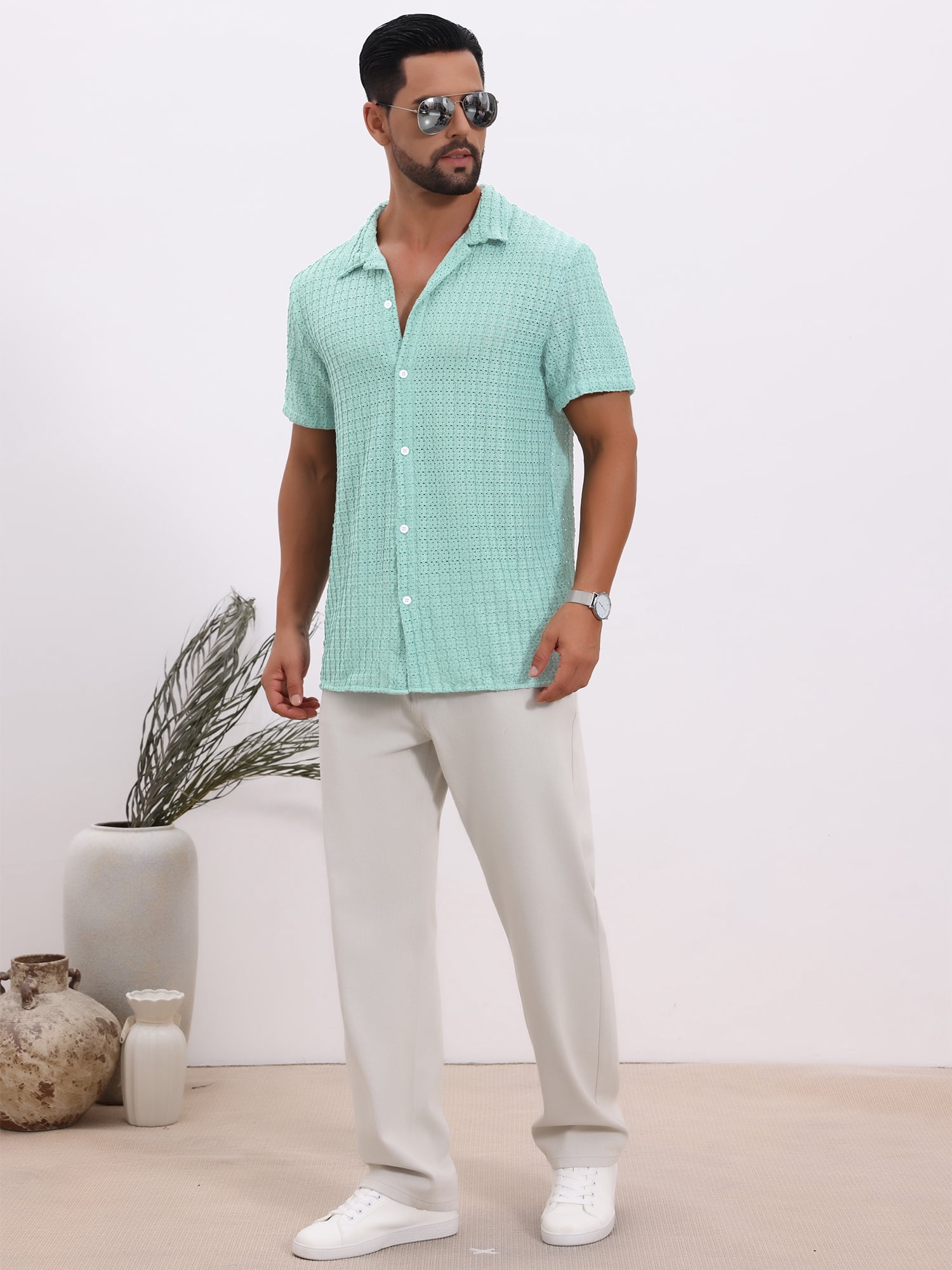 DARING DIVA Men's Casual Knitted Hollow Out Short Sleeve Shirt S Light Blue
