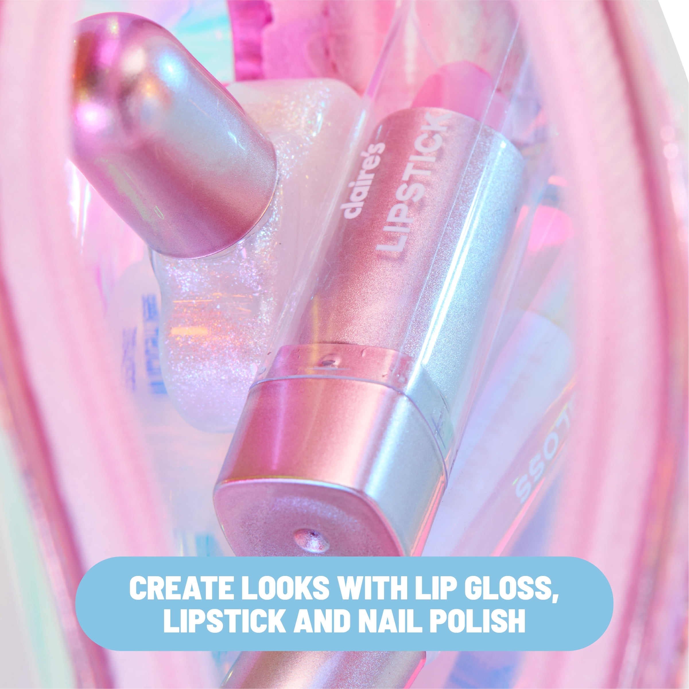 Claire's Glam Essentials Kids Makeup Kit, 4-Piece Real Cosmetic Set with Mini Pouch, Lip Gloss, Lipstick & Nail Polish, Pretend Play Make Up for Kids Ages 6+