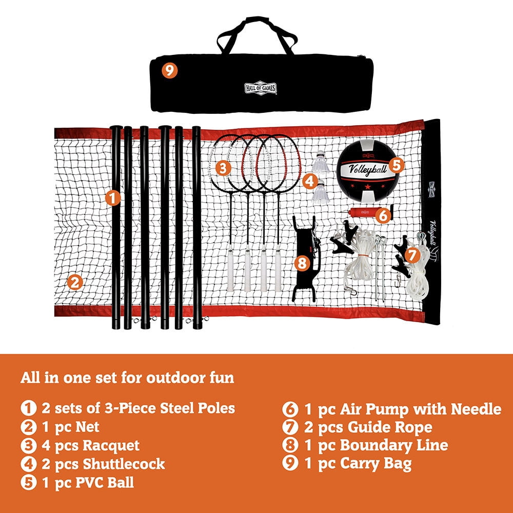 32 ft Outdoor Volleyball and Badminton Net with Carrying Bag Accessories Set by Hall of Games