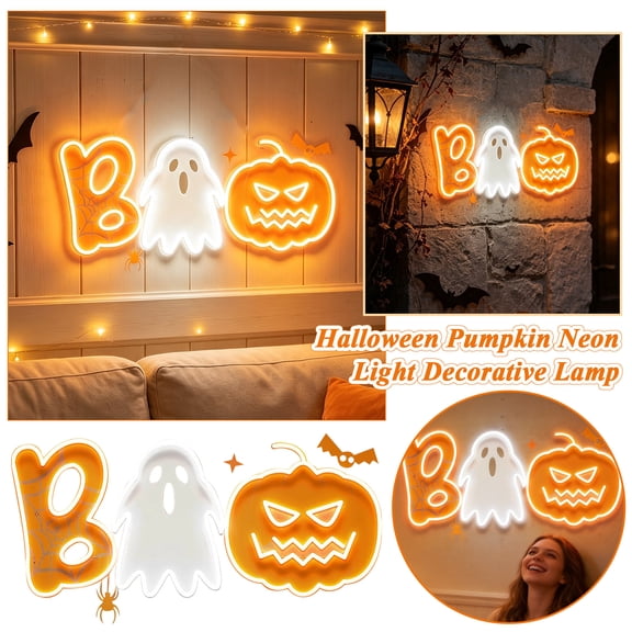 Yashow Elite Halloween Neon Signs, Boo Ghost Pumpkin LED Light Sign Wall Decor, Warm Orange Glowing Lamp for Holiday Party Home Indoor Room Decorations, 15.75x7.87 inch