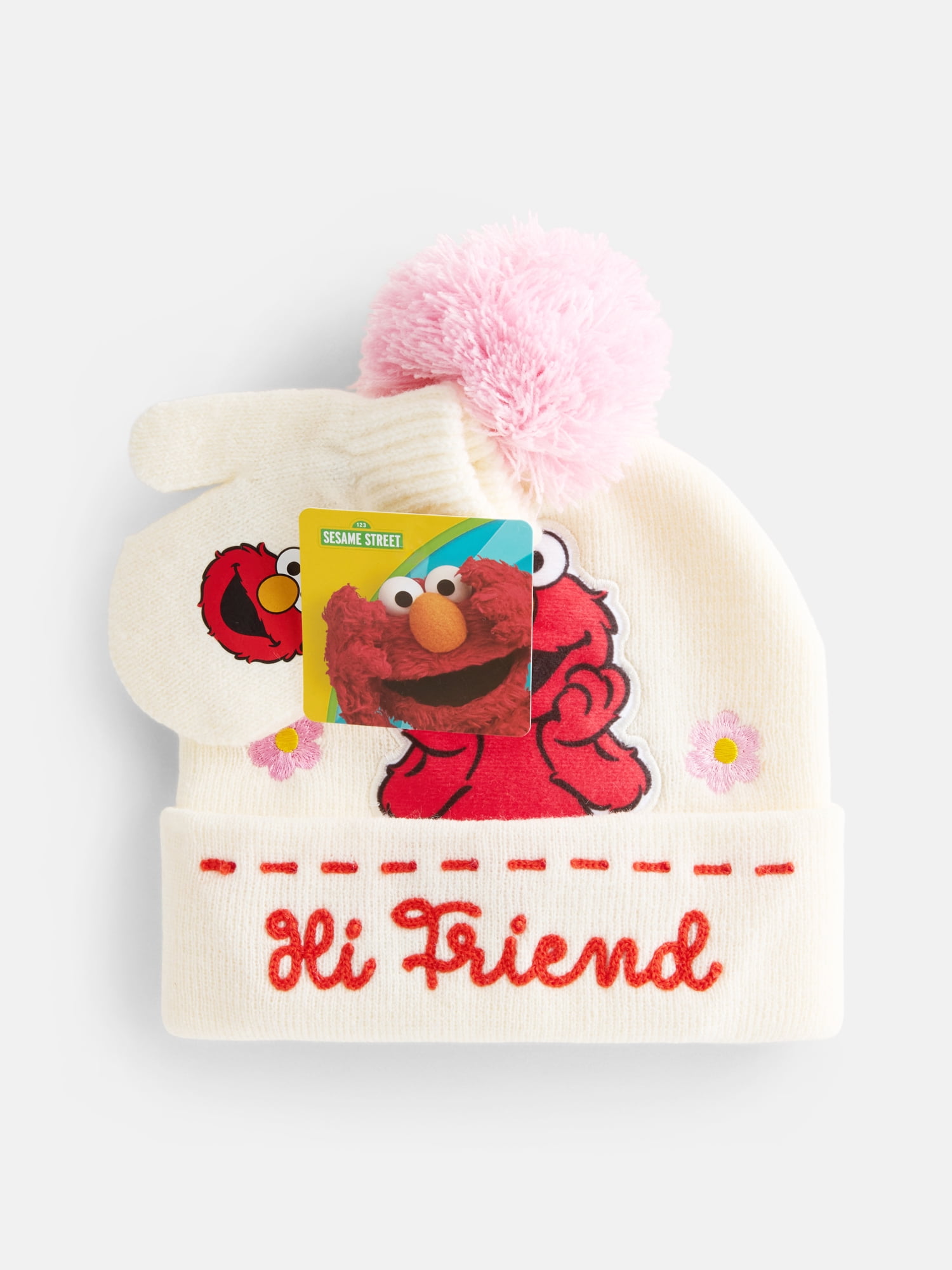 Elmo Toddler Girls Pom Beanie and Mittens Set, 2 Piece