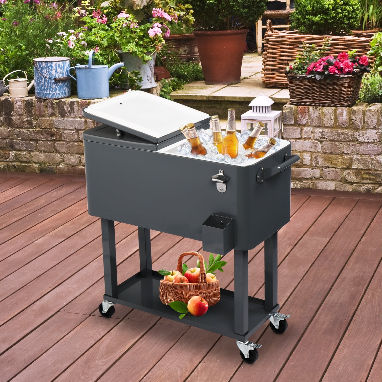 80QT Freezer Incubator, Rectangular Plastic Box Iron Foot Tube Refrigeration and Insulation Cart Dark Grey 87.5*91*38.5cm