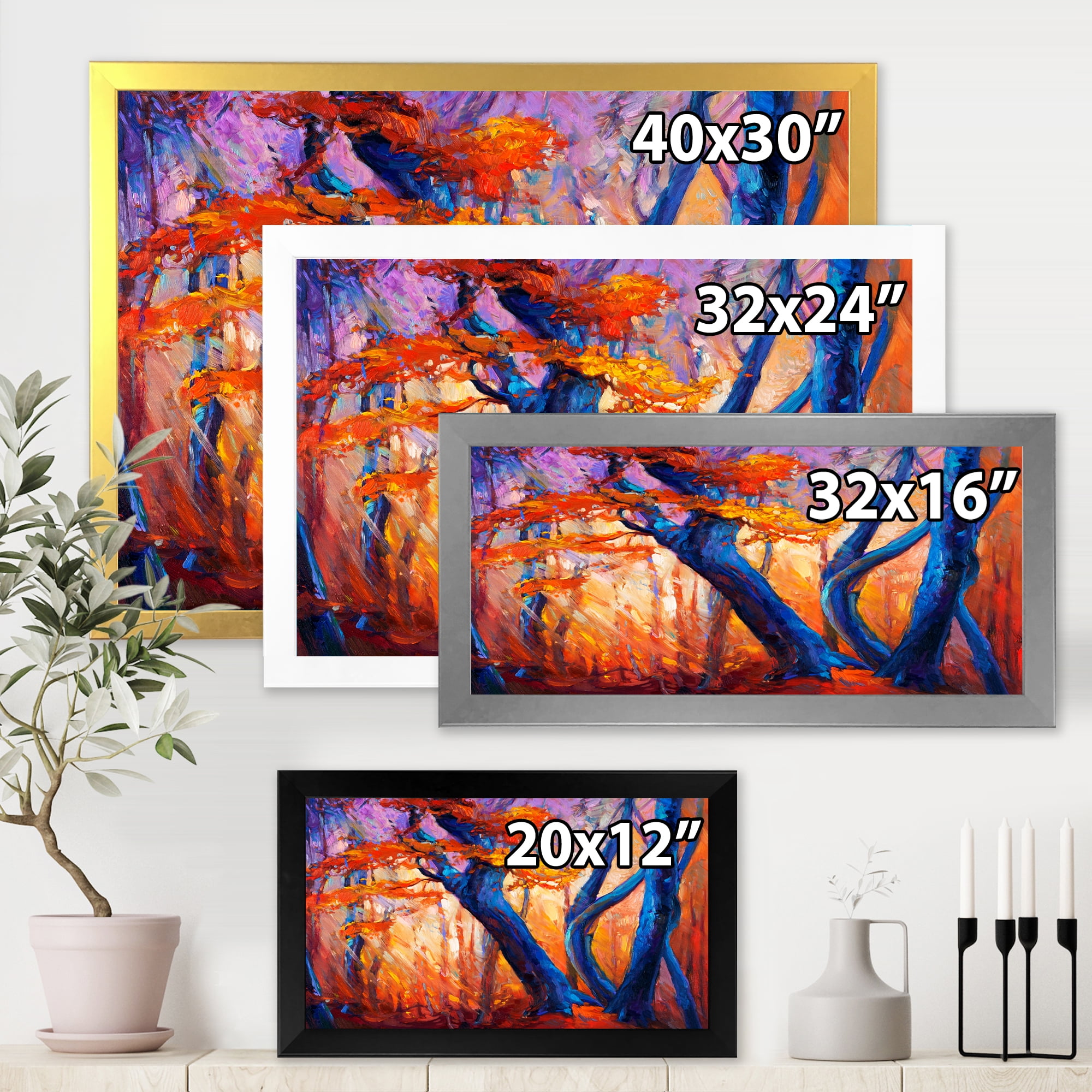 Designart 'Abstract Blue Silhouettes Of Trees In Orange Autumn Forest' Farmhouse Framed Art Print