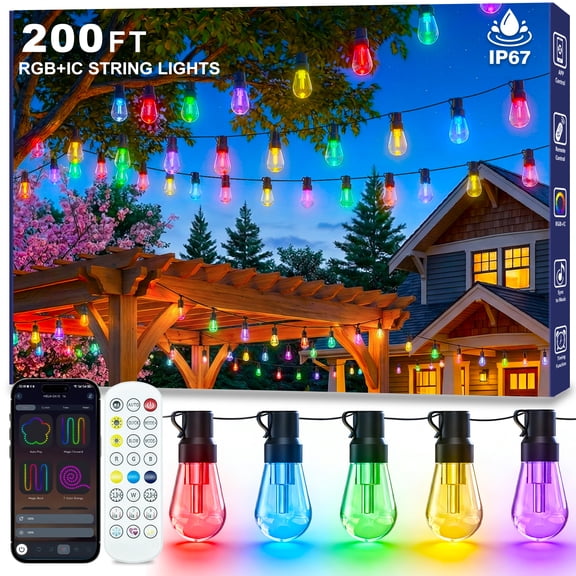 200FT RGB IC Outdoor String Lights, Outside Light Dimmable Shatterproof LED Bulbs, IP67 Waterproof Chasing Effect Lighting DreamColor Patio Strip Lights for Backyard, Balcony, Outdoor Living