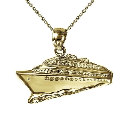 925 Sterling Silver Yellow Gold Plated 1mm Cable Chain Necklace w/ Cruise Ship Pendant Charm