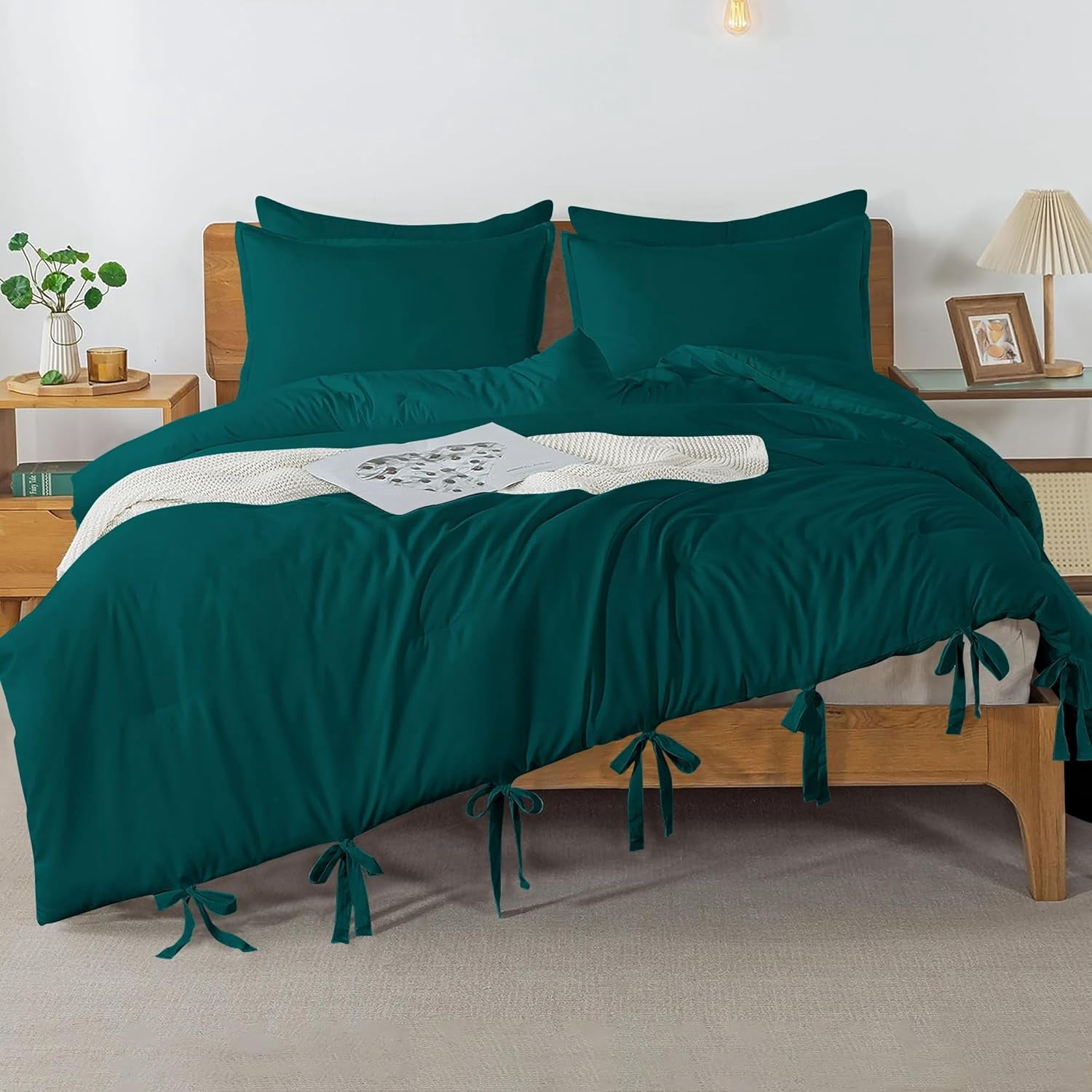 3 Piece Luxury Bottom Tie Pattern Comforter Set, 800 TC, 100% Egyptian Cotton, Oversized Super King Size Teal Solid