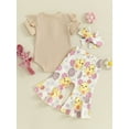 thumbnail image 4 of Bslissey Baby Girls Easter Long Pants Sets Short Sleeve Ribbed Romper + Bunny Print Flare Pants + Bow Headband 3M 6M 12M 18M Infant Toddler Cute Summer 3Pcs Outfits, 4 of 9