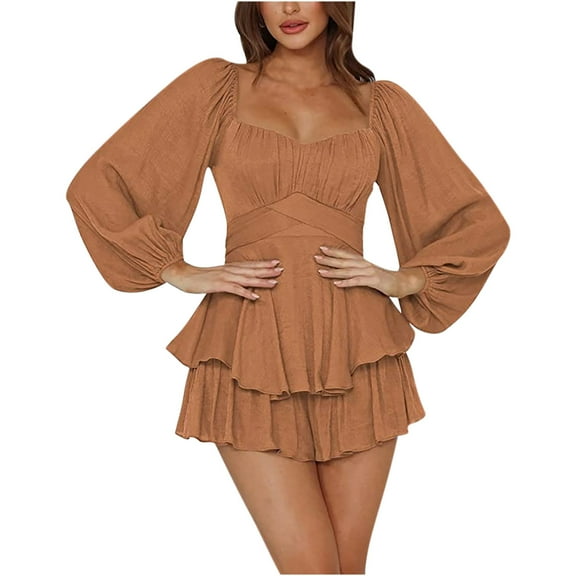 Usmixi Womens Dresses Party Formal High Waist Ruffle Layer Hem Mini Dresses Casual Solid V-Neck Long Sleeve Short Summer Dress Brown xl Under $5