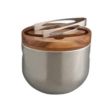Nambe Mikko Stainless Steel and Wood Ice Bucket with Tongs