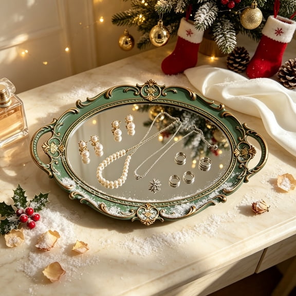 Cififendec Christmas Vintage Decorative Mirror Tray, Ornate Embossed Premium Mirror Dish for Xmas Vanity Table Accent Styling, 15.35"×9.65", Green