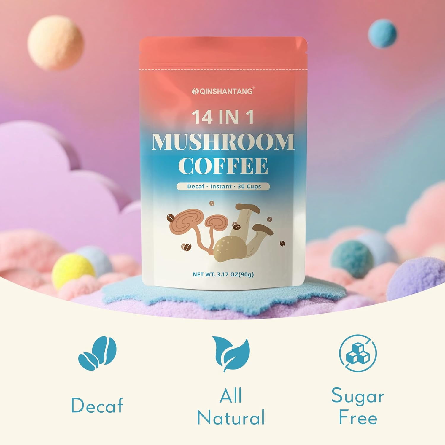Decaf Mushroom Coffee, Instant Coffee Mix, 30 Servings | Sugar-Free, Decaffeinated Coffee Powder Blend | 14 Mushroom Extract for Immune Support & Focus, 3.2 OZ