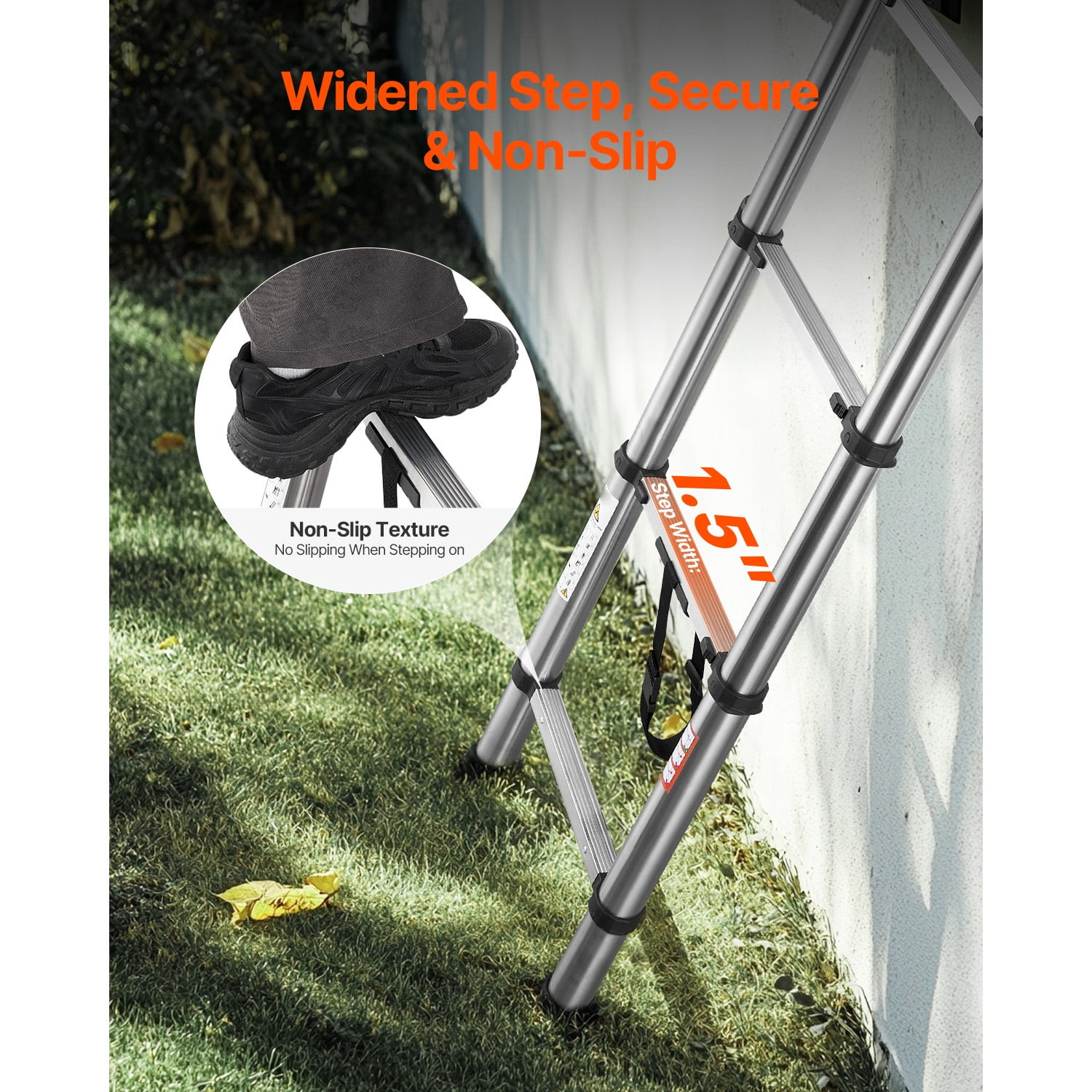 KFFKFF 8.5ft Telescoping Ladder, Stainless Steel Lightweight Extension Ladder with Multi-Button Retraction, 330LBS Load Capacity, Non-Slip Feet, Portable 9-Step Ladder for Home, RV, and Loft