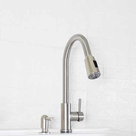 BETTER HOMES & GARDENS ELMONT HIGH SPOUT SINGLE HANDLE PULL DOWN KITCHEN FAUCET WITH SOAP DISPENSER, SATIN NICKEL