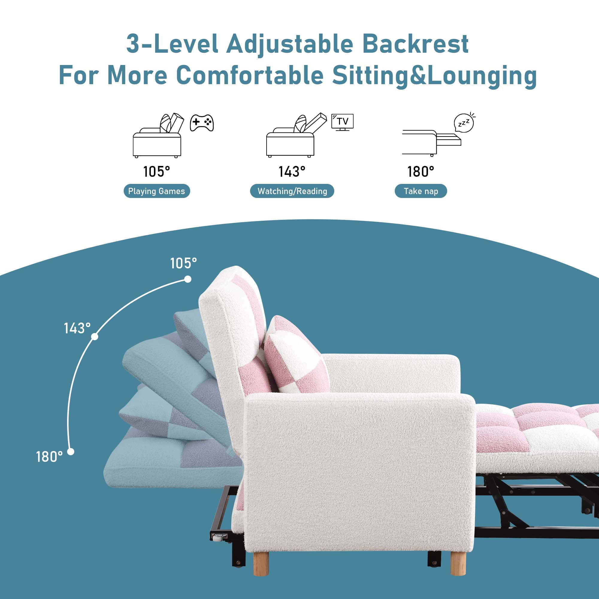 Aukfa Convertible Sleeper Chair Bed, Patchwork Pull Out Sofa Chair with Adjustable Backrest, Teddy - White/Pink