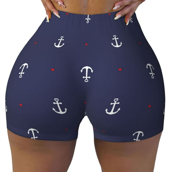 Seamless Workout Shorts Women - Anchor Heart Blue Biker Gym Running Yoga Spandex Shorts for Women