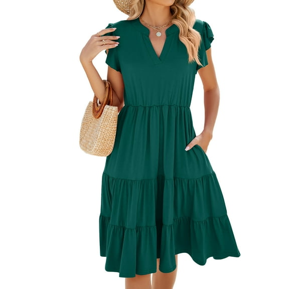 Women Dress V-Neck Short Sleeve T-Shirt Dress Ruffles Casual Swing Dress