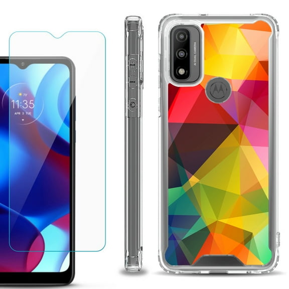 Shockproof Bumper Phone Case for Motorola Moto G Pure, with Tempered Glass Screen Protector, by OneToughShield ® - Polygon