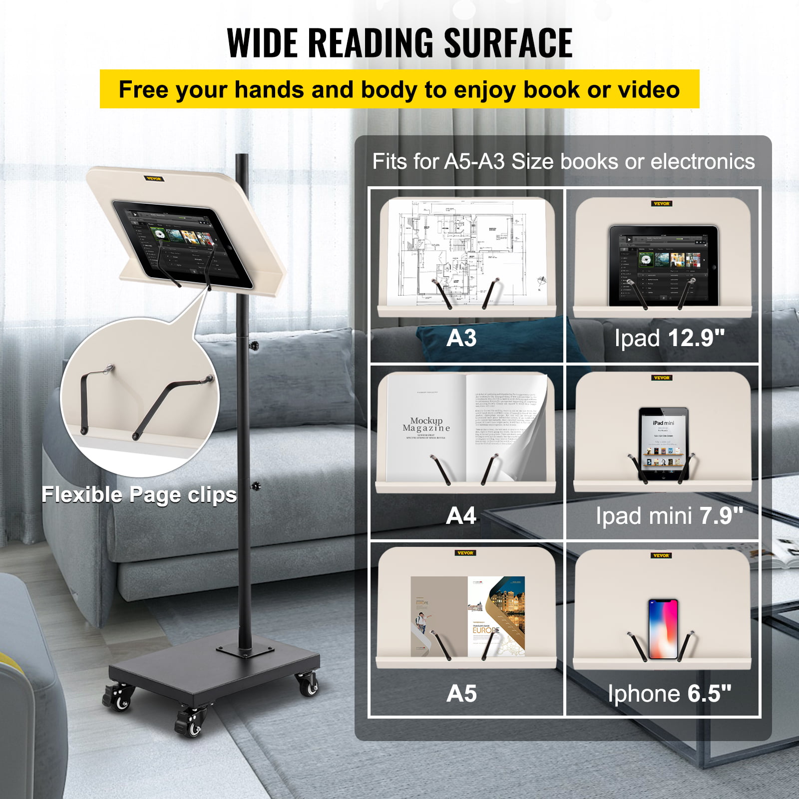 VEVOR Book Floor Stand, 180° Viewing Angle, Height & Panel Adjustable Reading Stand, Rolling Book Stand w/ 4 Wheels, for 4.5