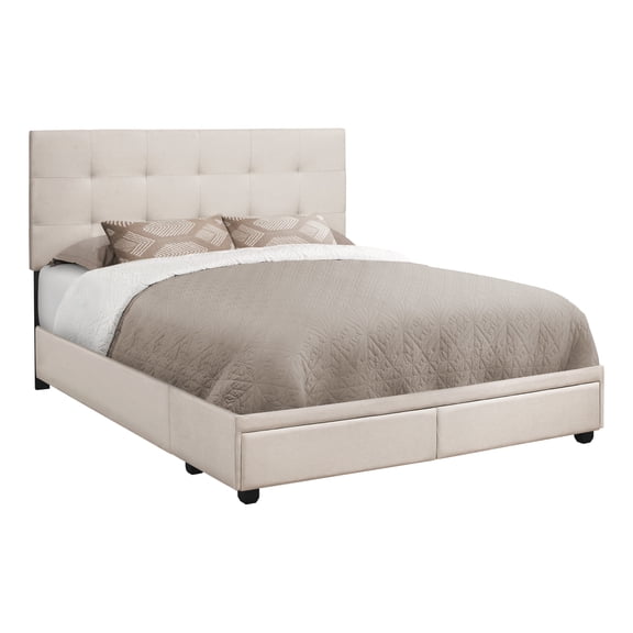 Monarch Specialties Queen Size, Beige Linen Bed with 2 Storage Drawers