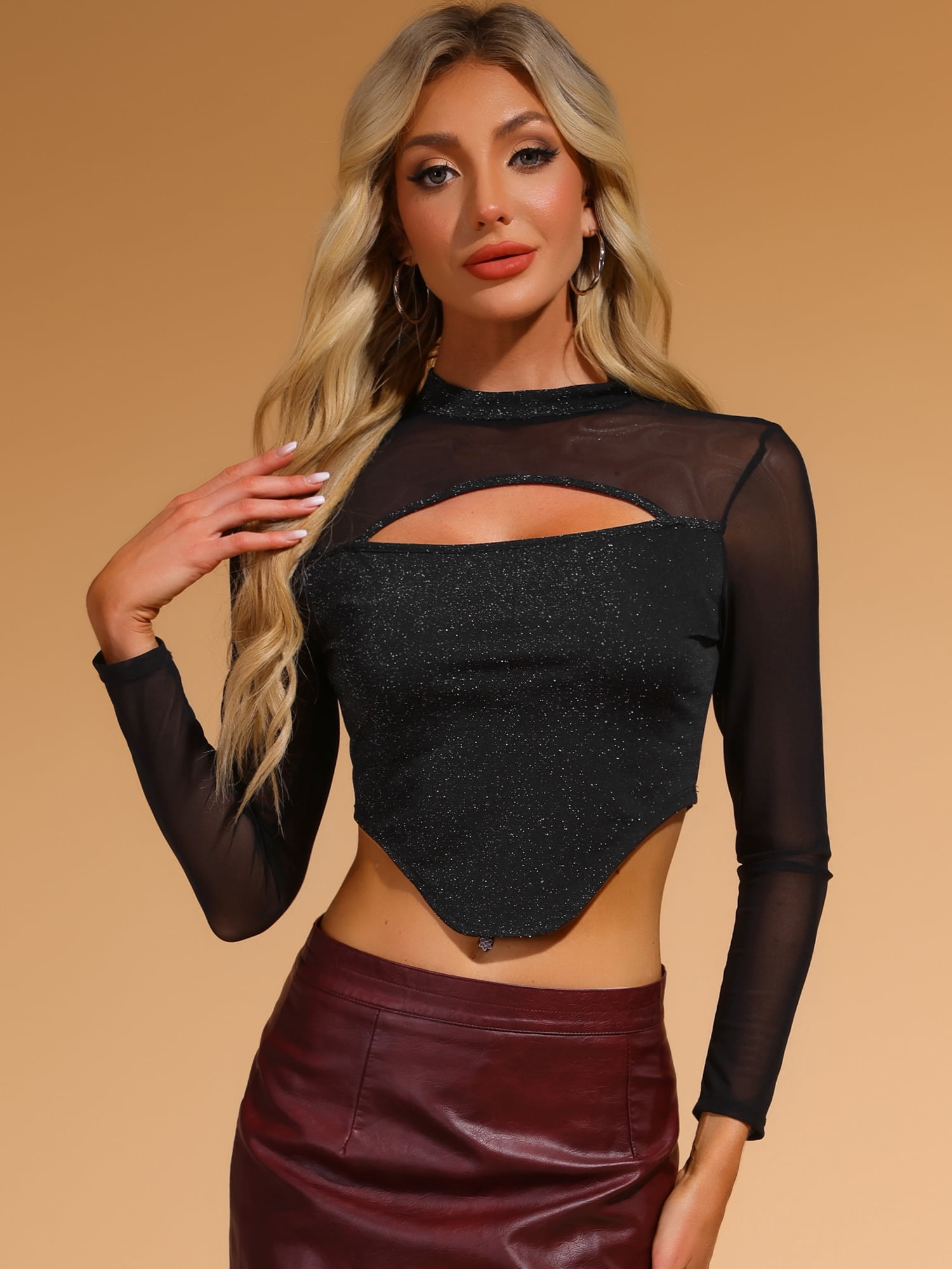 Unique Bargains Women's Mock Neck Keyhole Mesh Clubewear Sparkle Crop Top L Black Silver