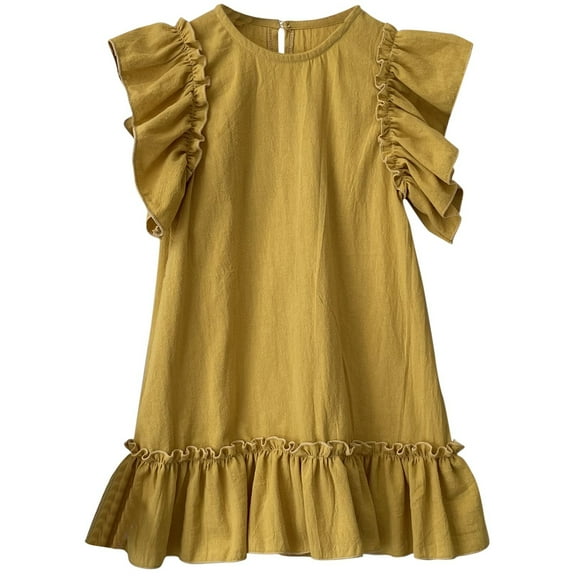 EHQJNJ Baby Girl Outfits 12-18 Months Summer Cotton Ruffle Edge New Loose Fit Girls' Long Dress Princess Dress Little Girls' Fashion Dress Suitable For Children Aged 1 To 6 Yellow Floral