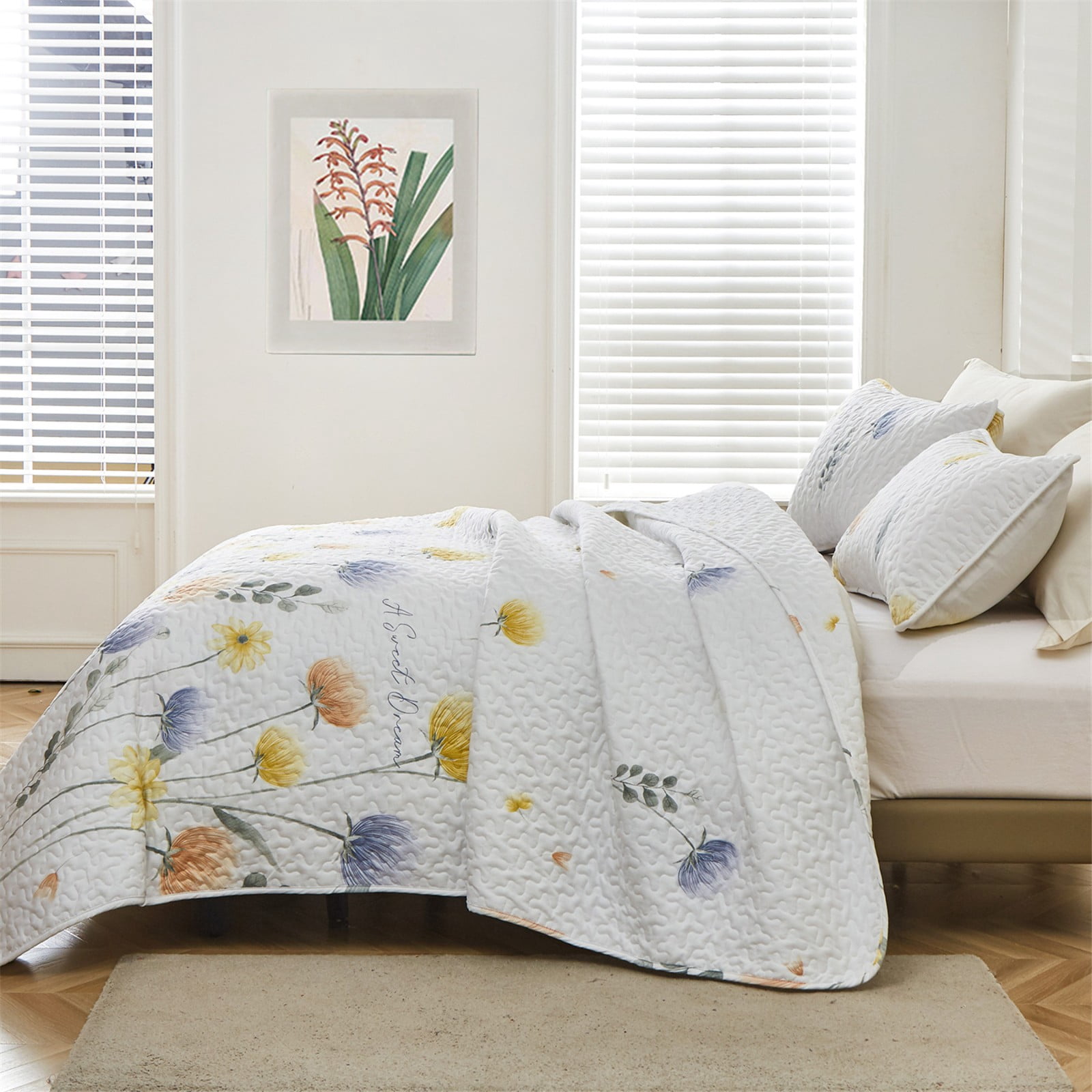 Dintszyayue Floral Quilt Set Queen Size,3Pcs Botanical Bedspread Set Lightweight Coverlet  Soft Adult(90"x96")