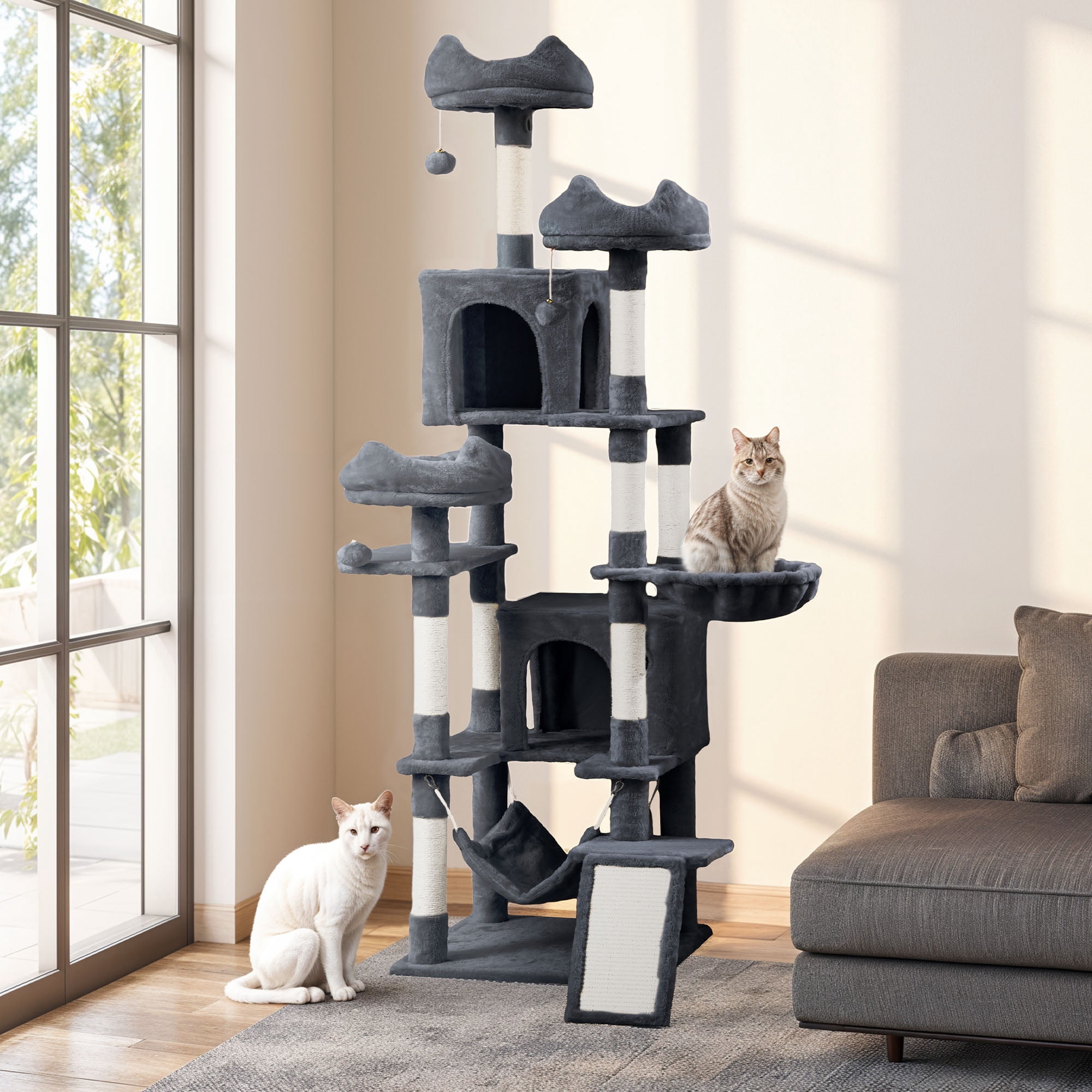 Uforic 75" Tall Cat Tree, Multi-Level Cat Tower with Condos, Hammocks, Scratching Posts, Dark Gray