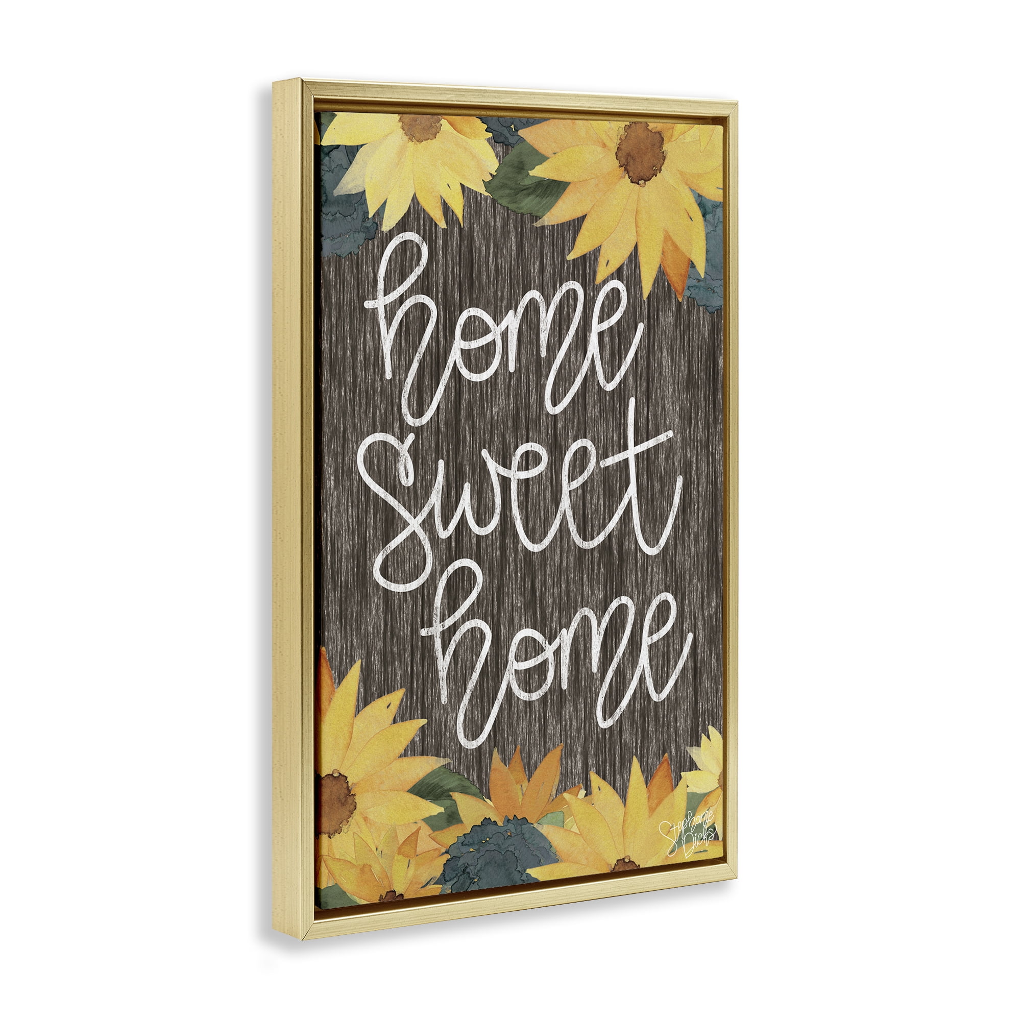 Stupell Industries Floral Welcome Phrase Plants & Flowers Painting Gold Floater Framed Canvas Art Print Wall Art, 21 x 31