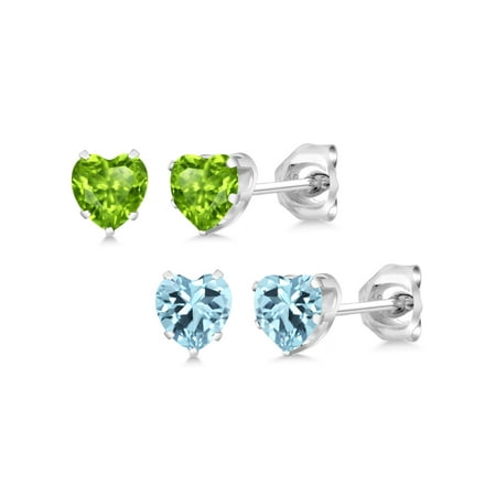 Color Peridot Channel Set - 2.40 Ct Heart Shape Blue Topaz and Peridot Sterling Silver Stud Earring Set of 2