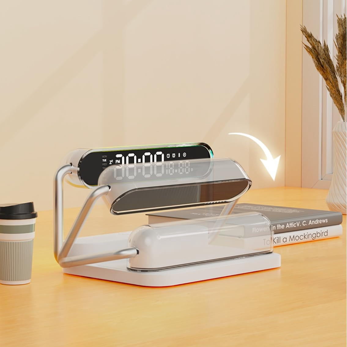 4-in-1 Smart Digital Alarm Clock – 15W fast wireless charger, LED display with auto DST & brightness adjustment, USB port, volume control. Ideal for bedroom, desk, nightstand