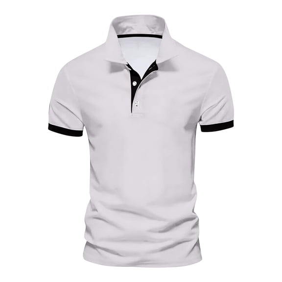 Mens Polos Two-Tone Collar Short Sleeve 2-Button Slim Fit Cotton Blend Business Casual Sports White M