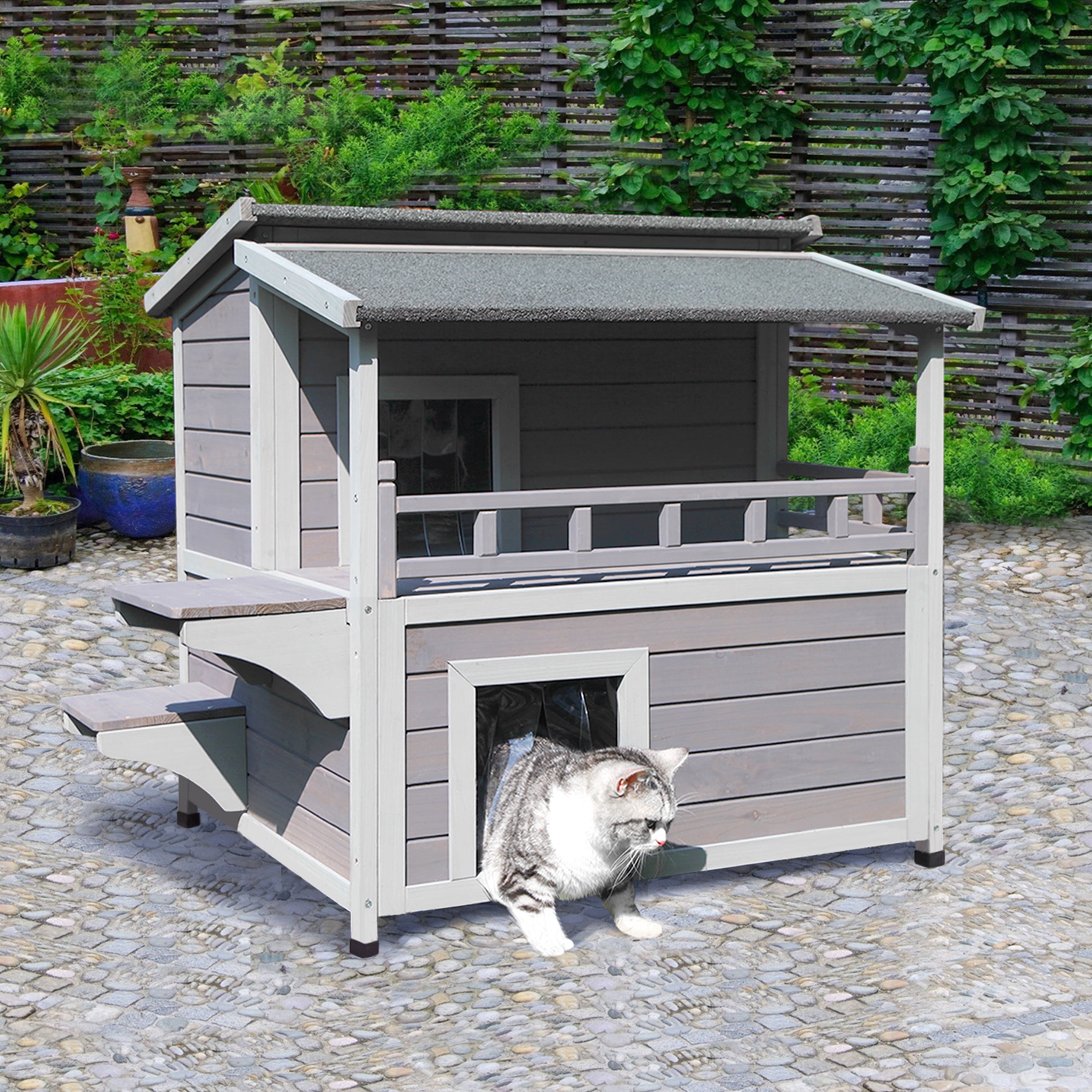 Tangkula Cat House 2 Story Wood Outdoor Weatherproof Pet Kitten Condo Shelter 