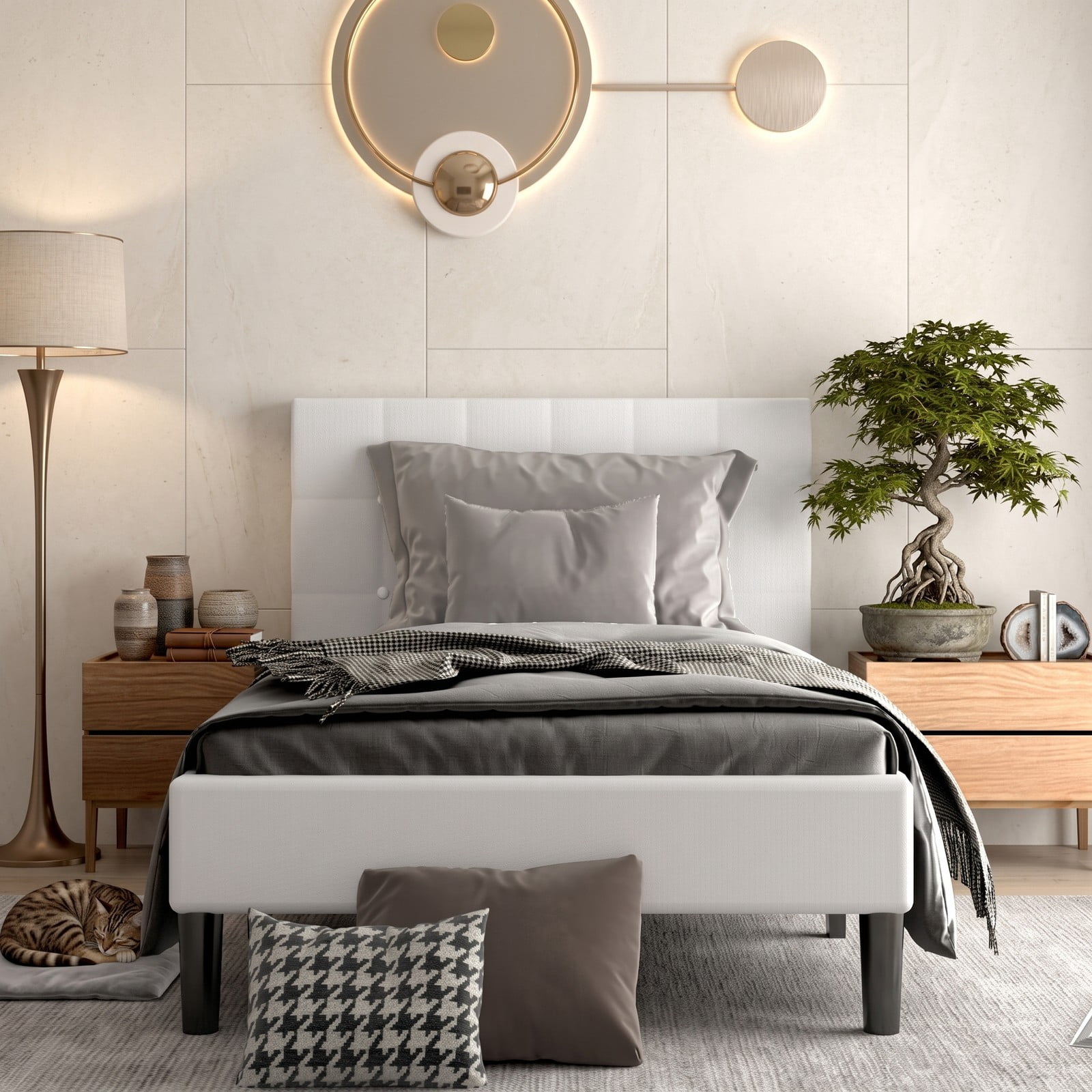Furnibear Twin Size Bed Frame, Upholstered Platform Bed with Button Tufted Headboard and Under-Bed Storage, No Box Spring Needed, White
