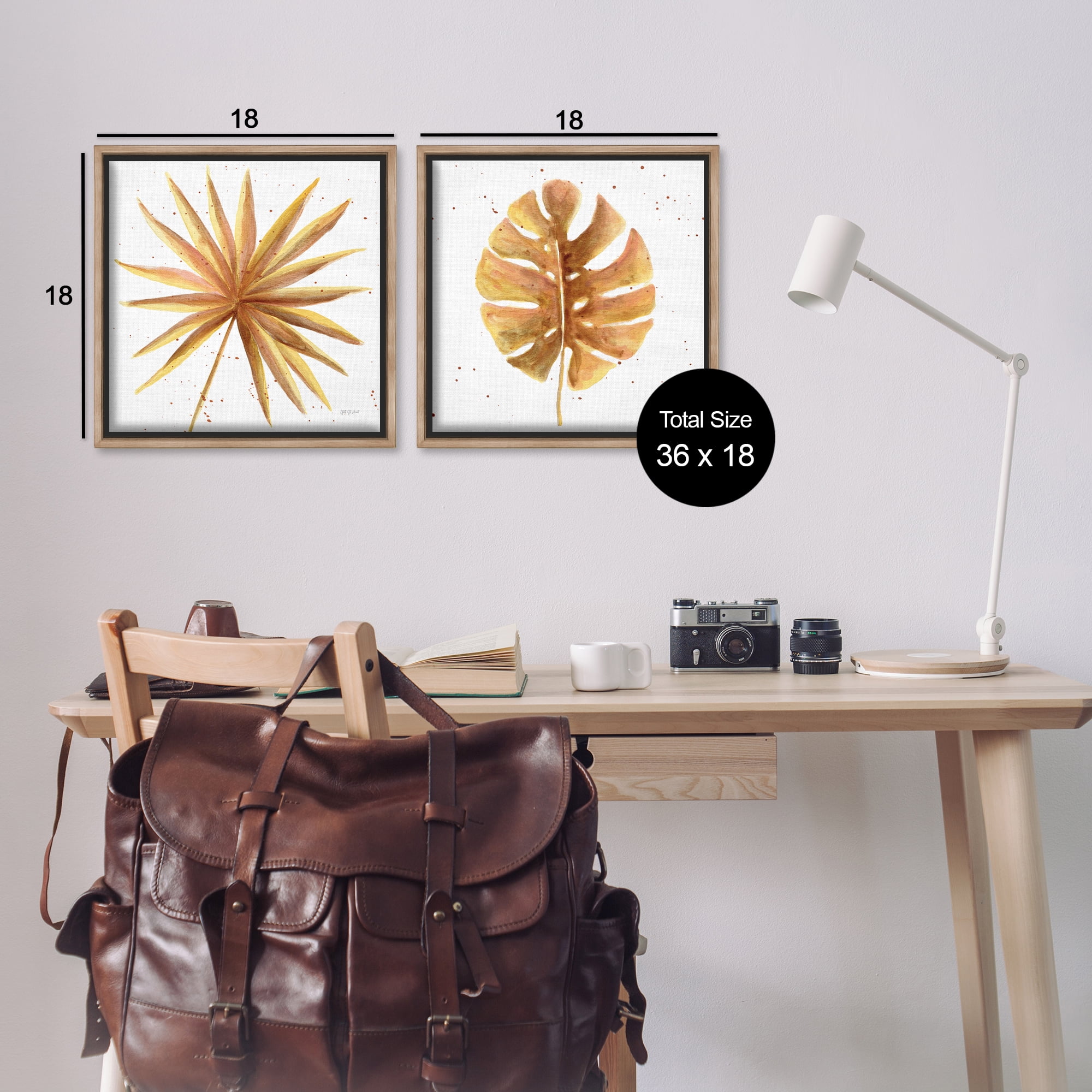 Stupell Industries Golden Palm Monstera Leaves Plants & Flowers Painting Brown Floater Framed Canvas Art Print Wall Art, 18 x 18, Set of 2