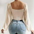 thumbnail image 2 of Women Tops Puff Sleeve Close-Fitting Drawstring V-Neck Hot Tee Shirts, 2 of 9