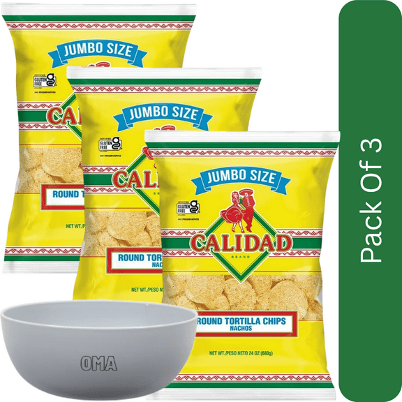 Calidad Round Yellow Corn Tortilla Chips, 24 oz-3pk, With Olive White Bowl By OMA
