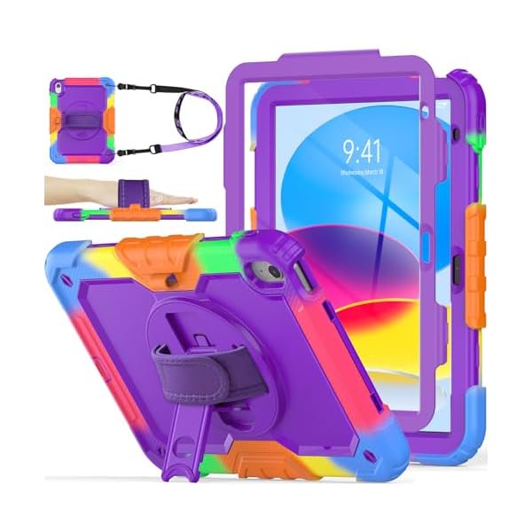 wonima44 SEYMAC stock Case for iPad (A16) 11th/10th Generation 11''/10.9'' 2025/2022, Full-Body Drop Protection Case with Screen Protector &360° Rotate Hand Strap/Stand, Purple+Colorful
