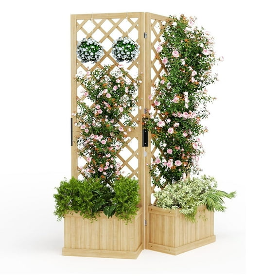Cedar Privacy Screen with Planter Box 41"x10"x65" Garden Fence Panel, 2 Hinged Freestanding with Drain Holes, Natural Wood Room Divider for Patio, Deck, Backyard & Balcony, Raised Garden Bed Kit