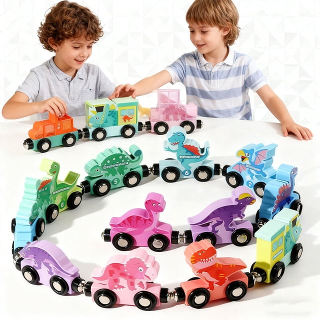 Bloques de construcción magnéticos de vías de tren de madera | Set de coches de juguete de dinosaurios | Juguetes STEM educativos tempranos para niños y niñas | Juego y aprendizaje interactivos