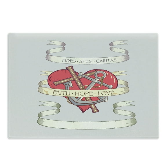 Hope Cutting Board, Antique Anchor and on Heart Motif with Faith Hope Love Words, Decorative Tempered Glass Cutting and Serving Board, Large Size, Beige Grey and Ruby, by Ambesonne