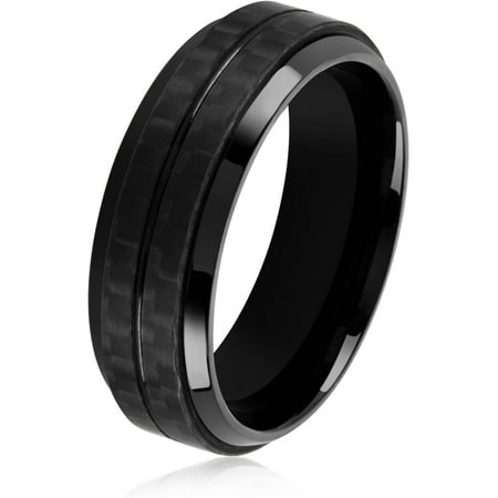 Crucible Black IP Stainless Steel Dual Carbon Fiber Stripe Beveled Ring (7.5mm)