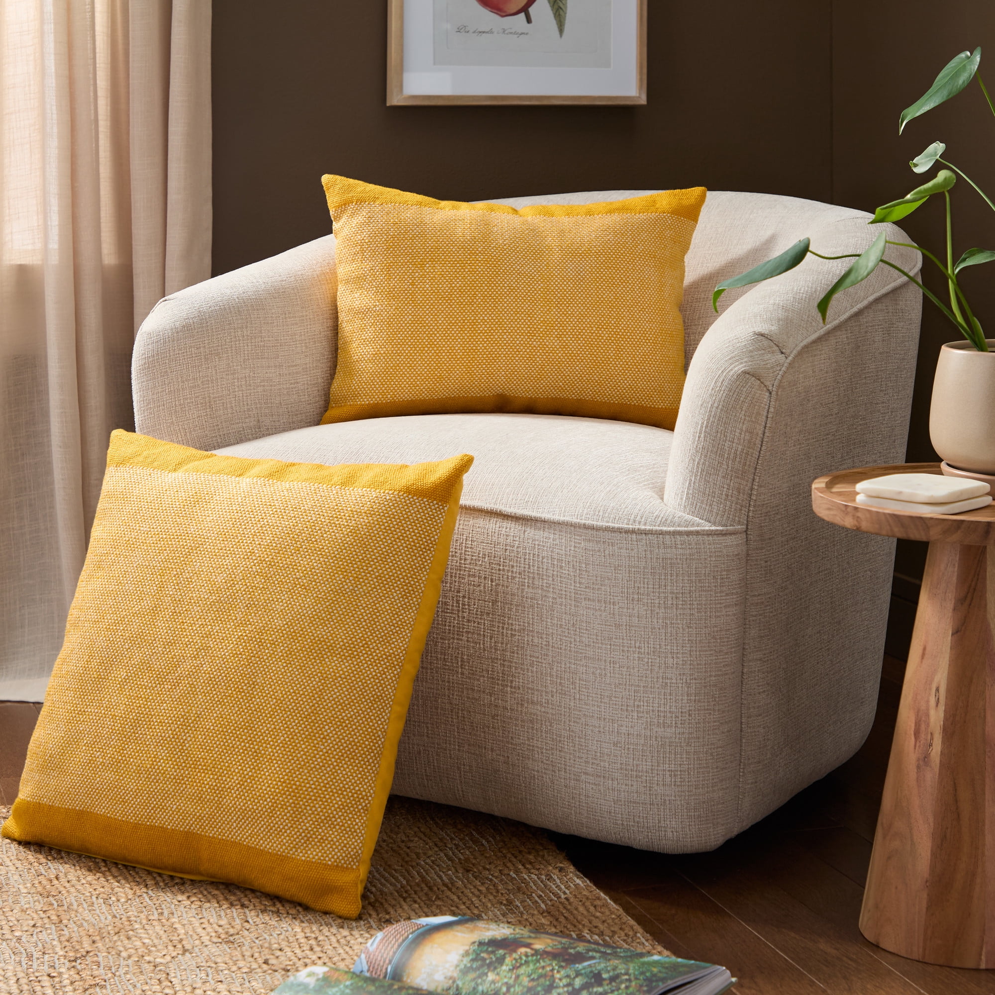 TOWN & COUNTRY TERRA Alara Solid Border Handcrafted Indoor Outdoor Decorative Pillow, 100% Recycled Materials, UV Fade Resistant, Water Repellent, Yellow/Ivory, 20"x20"