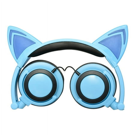 Leeten Wired Music Headset Foldable Cartoon Cat Ears Headphones for Kids Girls Boys Gift 3.5mm Noise Cancelling Bass Earphone w/LED Flashing Glowing,Blue