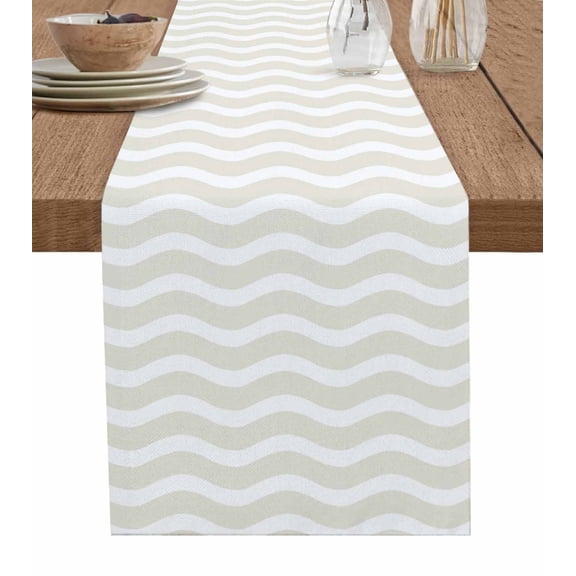 Cream Striped Table Runner Cotton Linen 60 Inch Holiday Dresser Scarves, Modern Abstract Water Ripple Solid Color Tablerunner for Kitchen Coffee Dining Living Room Dinner Scarf Décor 13''x60''
