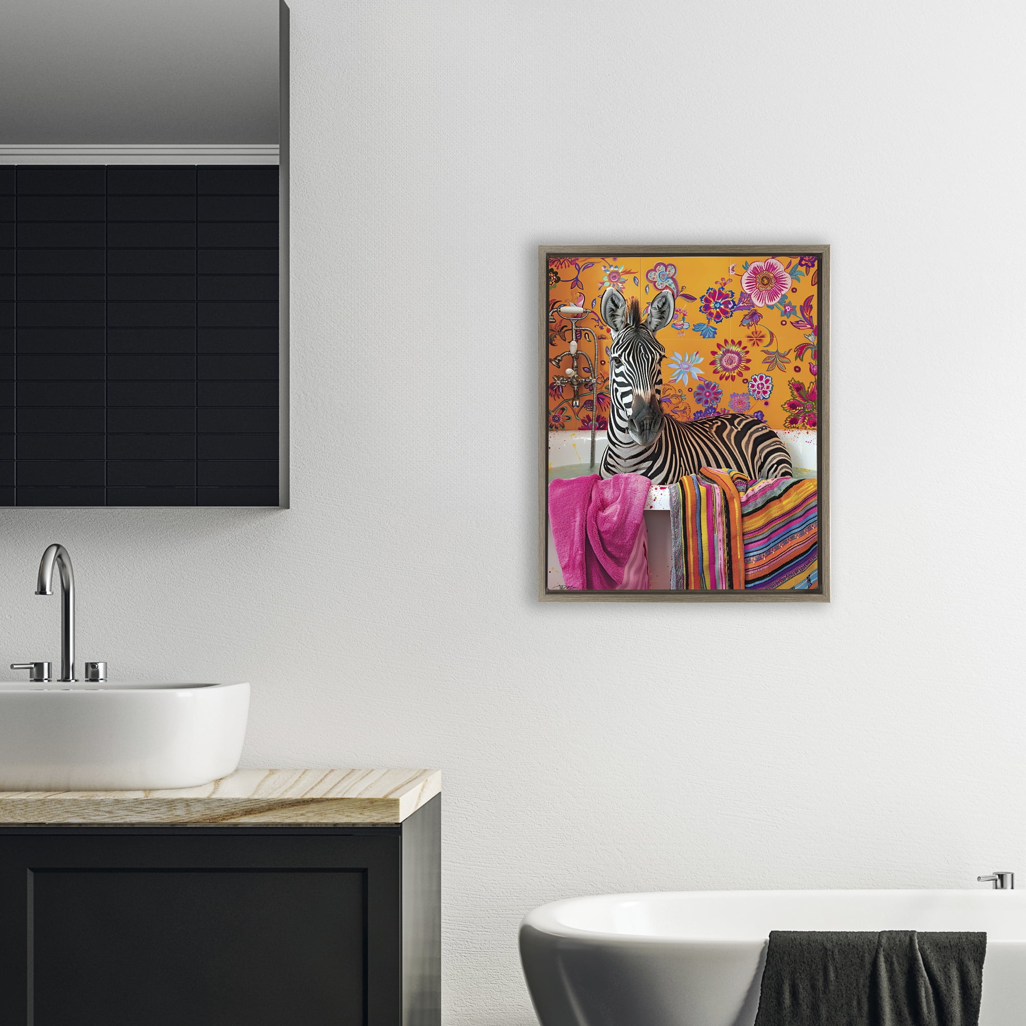 Zebra Bath with Colorful Towel Brown Framed Floater Canvas Wall Art, design by Momart