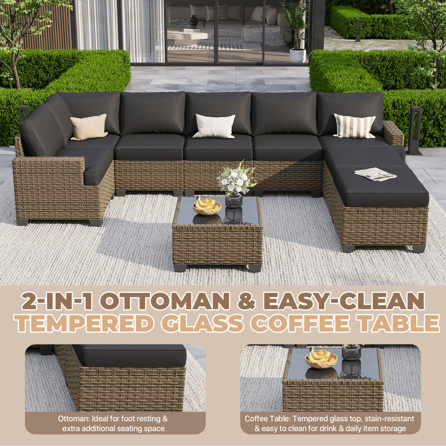 BaPiPro 9-Piece Outdoor Rattan Modular Patio Sofa Set with Thick Black Cushions, Multi-Use Ottoman and Easy-Clean Coffee Table for Garden and Patio Leisure Use