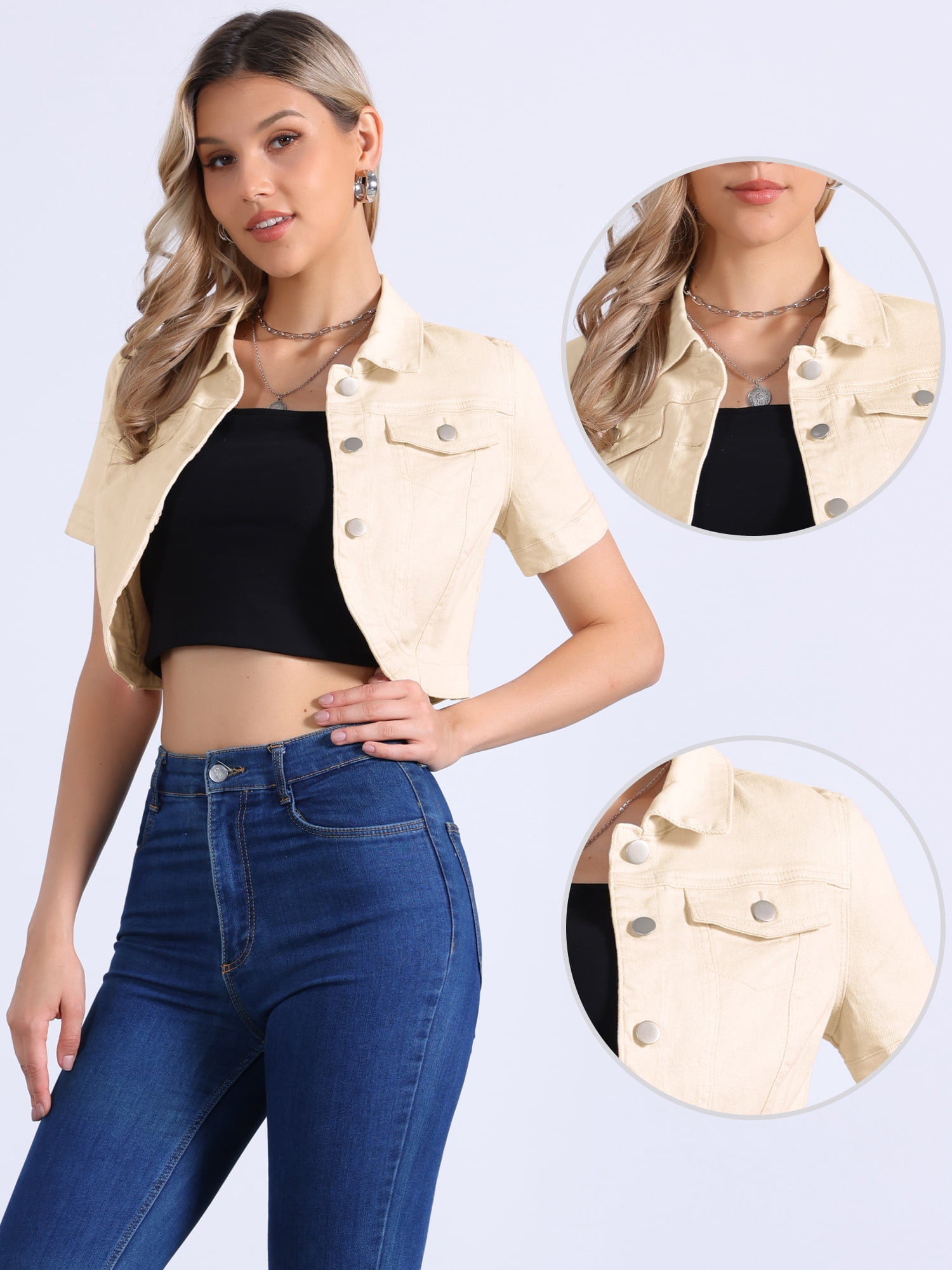 DARING DIVA Women's Denim Turndown Collar Short Sleeves Crop Jean Jackets L Apricot