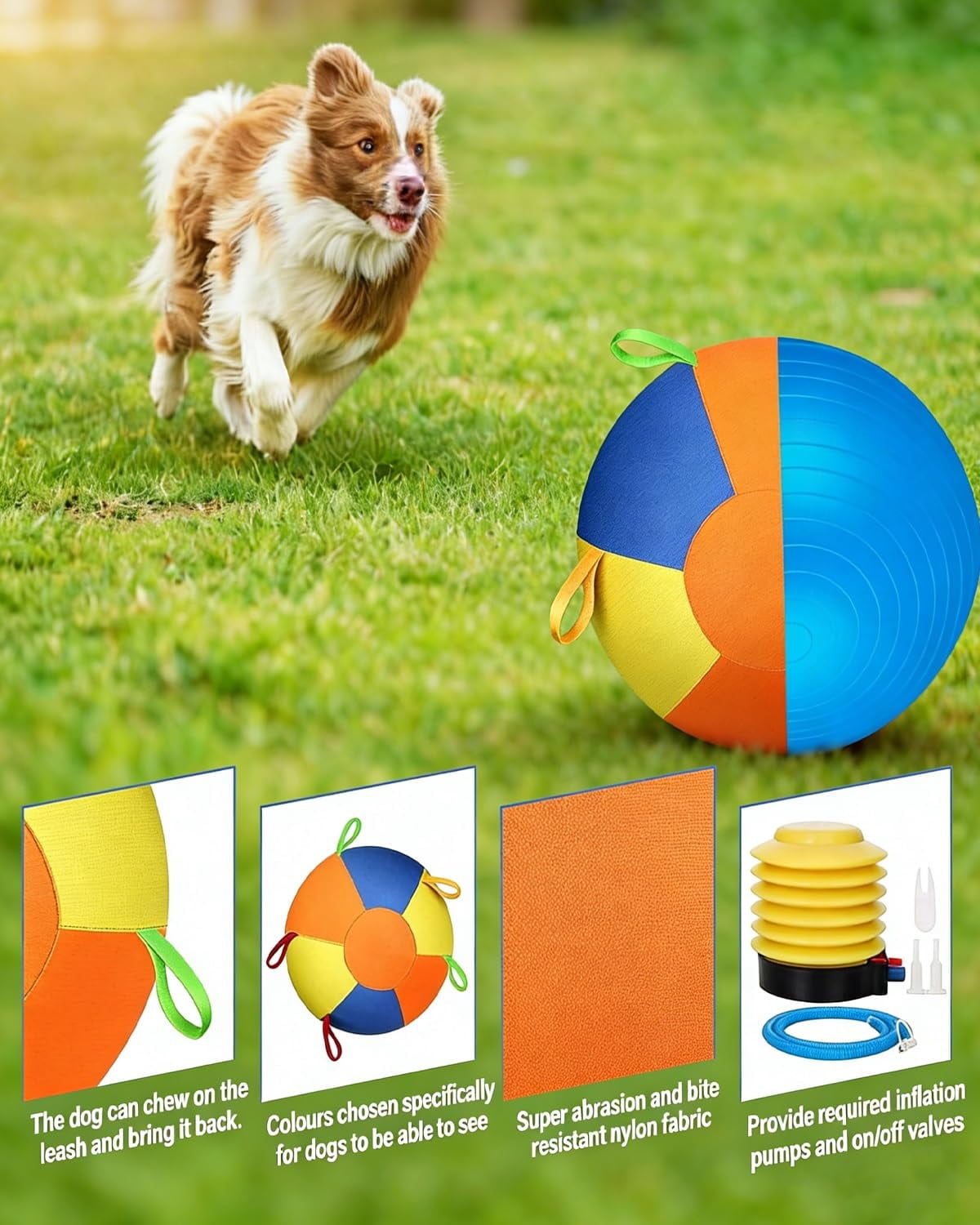 Calming Jumbo Ball for Dogs and Horses, Durable Tear-Resistant Inflatable Herding Toy, with Heavy-Duty Handle Cover and Pump, 10/18/22 Inch