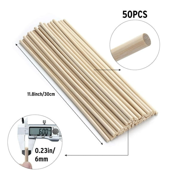 Trianu 50 Pcs Dowel Rods Wood Sticks Wooden Dowel Rods Unfinished Bamboo Sticks Rods for Crafts (1/4 x 11.8 inch)
