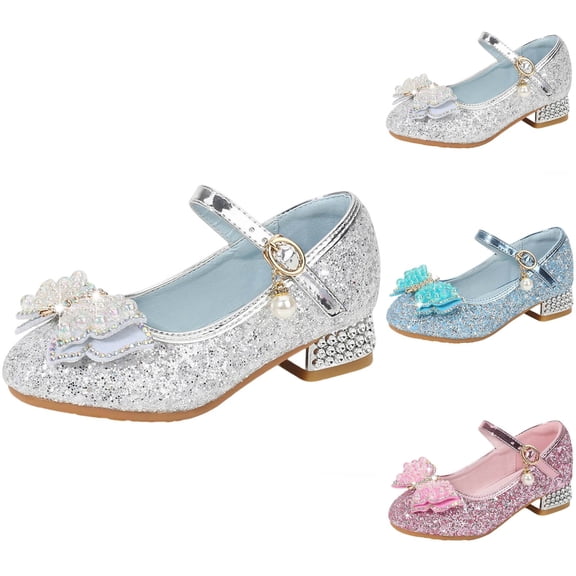 Viluyesy Girls High Heels Dress Shoes - Sequin Pearl Bow Princess Pageant Party Performance Wedding Flower Girl Shoes Kids 4-12 Blue Size 11.5 M